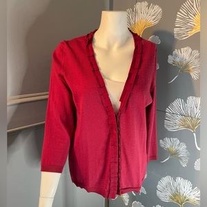 Boden Cardigan Sweater Burgundy Red , Sz 10 Merino Wool Silk Pleated Ruffle